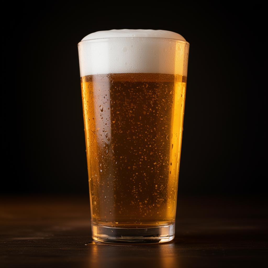 A pint glass of golden amber craft beer with a thick foam crown